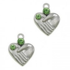 Metalen bedel Hartje handjes met strass  - Antiek zilver green